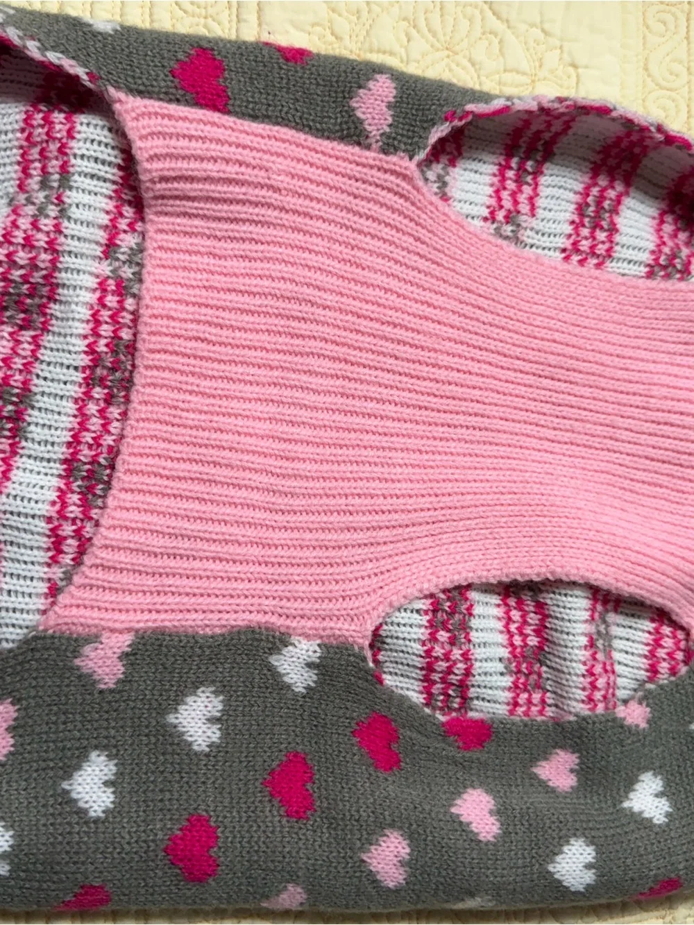 Gray Heart-Print dog Sweater with Pink & White Accents